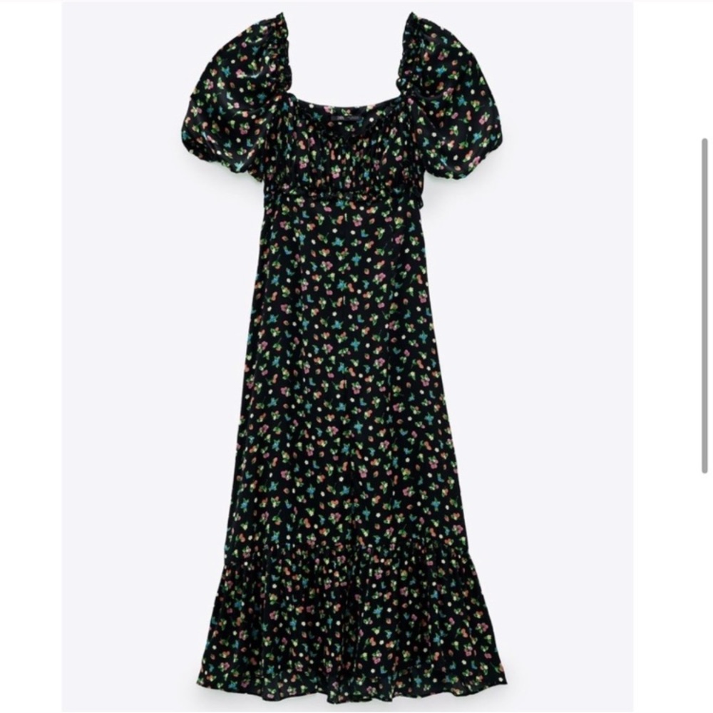 ZARA Fruit Print Satin Maxi Dress Milkmaid Black Floral Summer Dress Picnic NEW